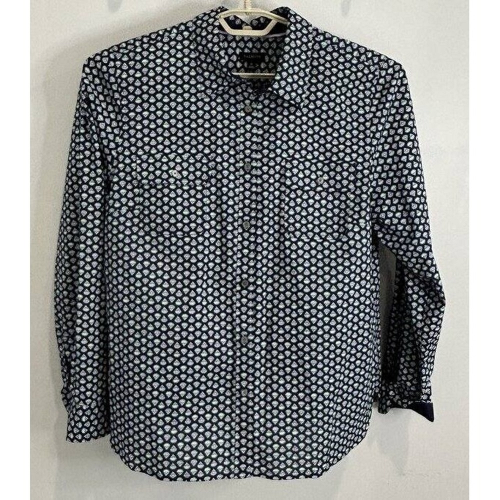 Talbots Navy Blue Geo Print Button Up Long Sleeve Shirt Cotton 16